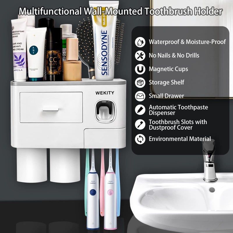 Wekity Multifunctional Wall-Mounted Toothbrush Holder, Automatic Toothpaste Dispenser Space Saving Toothbrush and Toothpaste Holder, with 2 Cups and Drawers Cosmetic Organizer(Grey) - Image 2
